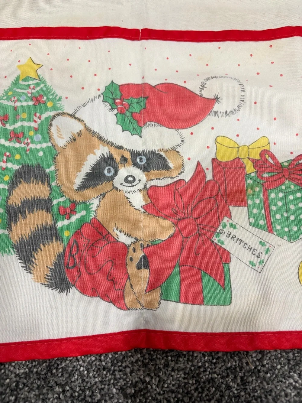 Vintage Christmas Raccoon Apron - Red Trim with graphic and pockets-tie waist